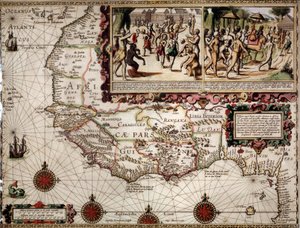 Mapa geográfico da Guinee feito pelo cartógrafo Luis Teixera (ou Teixeira), aproximadamente 1586. No canto superior direito, representação de uma cena de dança entre os indígenas (africanos). de Luis Teixeira