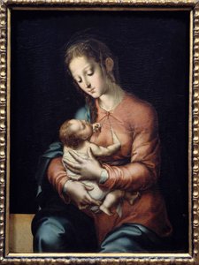 A Virgem e a Pintura Infantil de Luis de Morales (1500-1586) Sol do século XVI. 0,84 x 0,64 m Madrid, Museu do Prado