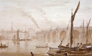 Vista da Ponte Blackfriars da costa de Surrey, com barcos em primeiro plano, Londres, c1825 de Luke Clennell