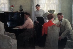 O Pretender (um jovem está a cortejar sob a supervisão de duas acompanhantes, uma das quais toca piano) (Groom ) - Pintura de Lukian Vasilyevich Popov (1873-1914), óleo sobre tela (54x80 cm) de Lukjan Vasilievich Popov