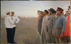 Recrutamento - Pintura de Lukian Vasilyevich Popov (1873-1914), óleo sobre tela de Lukjan Vasilievich Popov