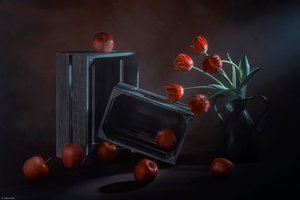 Natureza morta com flores, frutos e tons escuros