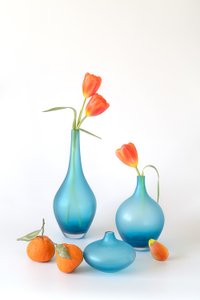 Tulipas Laranjas em Vasos Azuis