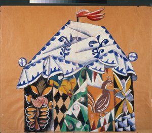Esboço da cortina para a peça "" Do papa e seu criado Balda "", de Alexander Pushkin (1799-1837). Obra de Lyubov (Lioubov) Sergeyevna Popova (1889-1924), colagem, guache e bronze sobre papel de Lyubov Sergeevna Popova