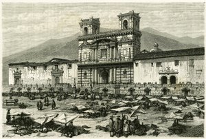 A Catedral de Quito (capital do Equador actual) e o entretenimento popular na sua praça. Gravura de Clerget e Ferdinandus, para ilustrar a história "Equinoxiale America". de M. (after) Ferdinandus