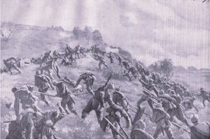 A retomada de Szawle. Atacar o cume, de The Illustrated History of the World War 1914-1915 pub. pela Union Berlagsefellfchaft de M. Barascudts