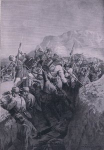 Ataque sem sucesso dos italianos às alturas de Doberdo, de The Illustrated History of the World War 1914-1915 pub. pela Union Berlagsefellfchaft de M. Barascudts