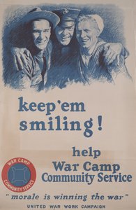 Mantenha-os a sorrir! Ajude o Serviço Comunitário do Campo de Guerra. "A moral está a ganhar a guerra." de M. Leone Bracker