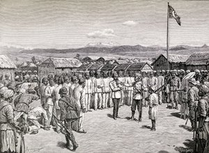 Sir Henry Morton Stanley dirigindo-se a oficiais rebeldes em Kavalli, 1890 (gravura em madeira) de M. Schonberg