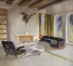 interiores dos anos 30: Sala de fumo em uma casa de campo (cor litho) de M. Stier