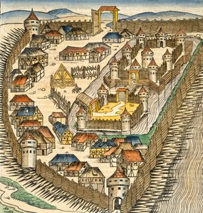 Sabatz, ilustração de &39;The Chronicle Liber&39; (Nuremberg Chronicle) por Hartmann Schedel (1440-1514), pub. Nuremberg, 1493 (gravura colorida à mão) de M. and Pleydenwurff, W. Wolgemuth