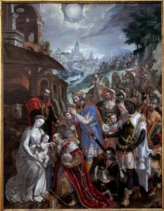 Adoração dos Magos. Acima da Sagrada Família e dos Magos, a estrela dos pastores. Pintura de Maaerten de Vos (Martin de Vos, Marten de Vos) (1532-1603), arte flamenga do século XVI. Museu de Belas Artes de Valenciennes.