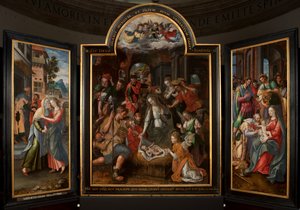 Adoração dos Magos, Tríptico, Painel central, detalhe, pintura sobre madeira de Maarten de Vos