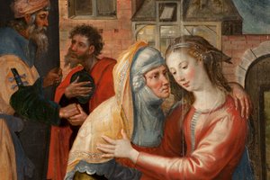 Adoração dos Magos, Tríptico, Painel esquerdo: A vida da Virgem Santa, detalhe, pintura em madeira de Maarten de Vos