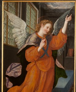 Adoração dos Reis Magos, Tríptico, Painel esquerdo, parte traseira, detalhe, pintura em madeira de Maarten de Vos