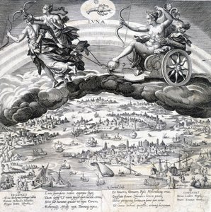 Luna: alegoria da Lua (Diana) e do Escorpião que está sob sua influência (signo do Zodíaco) - gravura de Maaerten de Vos (Martin de Vos, Marten de Vos) (1532-1603), n.d.