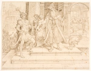 Ahasverus dando o anel do selo para Haman de Maarten van Heemskerck