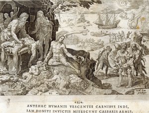 Campo de Batalha no Novo Mundo em 1530, placa 6 de "As Conquistas Militares do Imperador Carlos V", gravado por Dirk Volkertsz Coornhert (1522-90), 1555