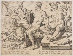 Naftali com um veado e uma estátua quebrada de Mercúrio, da série Os Doze Patriarcas, gravada por Dirk Volkertsz Coornhert de Maarten van Heemskerck