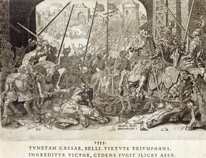 A Conquista de Túnis em 1535, placa 7 de "As Conquistas Militares do Imperador Carlos V", gravada por Dirk Volkertsz Coornhert (1522-90), 1555 (gravura e gravura)
