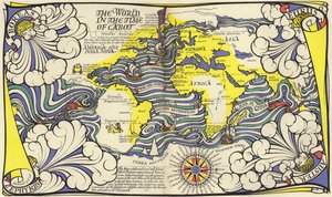 Mapa do Mundo no tempo dos navegadores John e Sebastian Cabot (cor litho) de MacDonald Gill