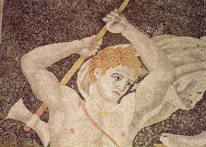 The Stag Hunt, detalhe de um caçador, do mosaico da Casa do Abduction of Helen