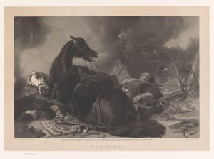 Dois soldados de cavalaria e os seus cavalos são atingidos num ataque
Hora da Guerra (título sobre o objecto) de Maclure and Macdonald