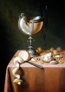 Uma Natureza Morta com uma Taça Nautilus, um limão descascado e nozes (óleo sobre painel)