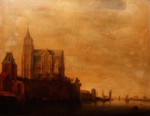 Groote Kerk com Vista da Torre Principal, Emmerich numa Paisagem de Rio com Barcos à Vela de Maerten Fransz van der Hulst