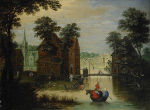 Paisagem do rio com a fuga para o Egito, 1616 de Maerten Ryckaert