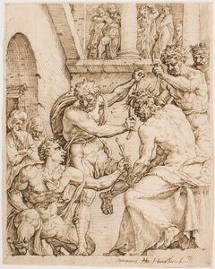 Cristo sendo coroado de espinhos, c. 1548 (Caneta, tinta marrom e giz preto em papel amarelo) de Maerten van Heemskerck