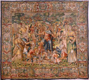 Museu Diocesano (Museu Diocesano). tapeçaria flamenga. Bruxelas. Oficina François Geubels. Série A História de Gideão. Os israelitas entregam sua parte do despojo a Gideão. Seda e lã. Legado de Bisho de Maerten van Heemskerck