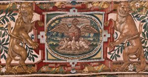 Museu Diocesano (Museo Diocesano). Tapeçaria flamenga. Bruxelas. Atelier François Geubels. Série História de Gideon. Os israelitas entregam a sua parte do espólio a Gideon (Los israelitas entregan a Gedeón su parte del botín). Seda e lã. Legado de Bisho de Maerten van Heemskerck