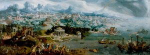 Panorama com o Rapto de Helena no meio das Maravilhas do Mundo Antigo