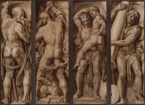 Saturno devorando uma criança; Hércules matando a Hidra; Hércules erguendo Anteu; Hércules erigindo as colunas de Calpe e Abyla de Maerten van Heemskerck