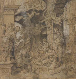 A Adoração dos Pastores, verso: Sketches, ca. 1532-37. de Maerten van Heemskerck