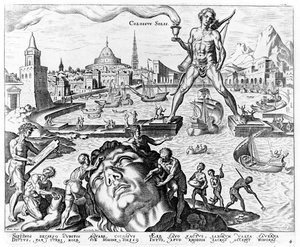 O Colosso de Rodes, prato 4 das Oito Maravilhas do Mundo, engr. Philips Galle, 1572