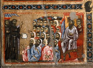 História da vida de São Francisco a partir do retábulo de São Francisco de Assis. Pormenor de São Francisco dirigindo-se ao sultão. Pintura do Mestre de São Francisco Bardi. Escola florentina da primeira metade do século XIII de Maestro del San Francesco Bardi