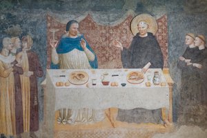 O Milagre de São Guido: o Beato Abade transformando água em vinho diante de Gebeardo, Arcebispo de Ravena, refeitório (fresco) de Maestro di Tolentino (attr.to)