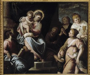 A Virgem tem a Criança rodeada de virtudes teologais Alegoria da Fé, Esperança e Caridade de Maffeo da Verona