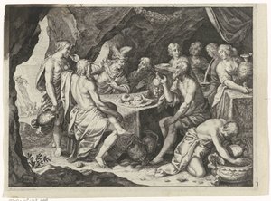 Cena das Metamorfoses de Ovídio: uma refeição em uma caverna de Magdalena van de Passe (attributed to)