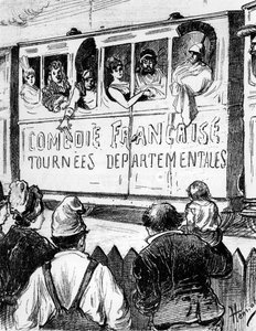 O elenco da Comédie Française em turnê na França em um trem especial, faz uma parada para dar a countryfolk um vislumbre do teatro, segunda metade do século 19