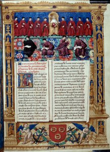 O Conselho dos Dez O Doge está no centro. Página tirada de uma descrição ou trata do governo e regime da cidade e do Seigneury de Veneza realizado pelo Almirante Louis Malet de Graville, iluminado pelo Mestre de Filipe de Geldre (século XVI de Maitre de Philippe de Gueldre