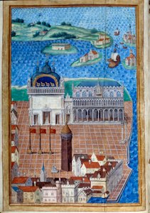 Vista da Praça de São Marcos com o Palácio do Doge" Miniatura tirada de "Descrição ou trata do governo e do regime da cidade e do Seigneury de Veneza" pelo Mestre de Philip de Geldre (1467-1547) Chantilly, Musee Conde de Maitre de Philippe de Gueldre