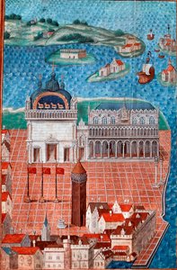 Vista da Praça de São Marcos com o Palácio dos Doges em Veneza" Miniatura tirada de "Descrição ou trata do governo e regime da cidade e seigneury de Veneza" pelo Mestre de Filipe de Geldre (1467-1547) Chantilly, Musee Conde de Maitre de Philippe de Gueldre