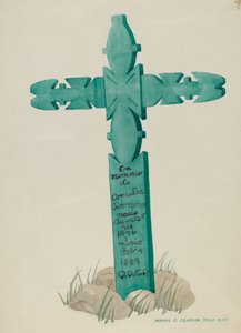 Cruz de madeira, esculpida, usada como lápide, c. 1937.