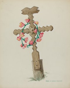 Cruz de madeira usada como lápide feita à mão, c. 1937.