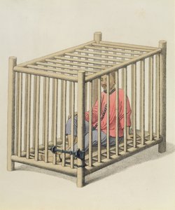 Um malfeitor em uma gaiola, placa 15 de &39;The Punishments of China&39;, gravada por J. Dadley, 1804