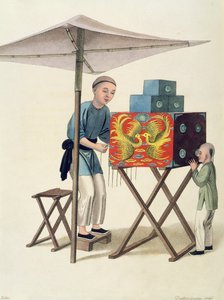 Um homem com um show de raraee, prato 10 de &39;The Costume of China&39;, gravado por J. Dadley, 1800 de Major George Henry Mason