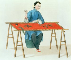 Uma mulher bordando, prato 41 de &39;O traje da China&39;, gravado por J. Dadley, 1800